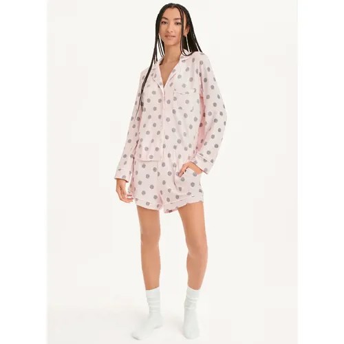 Пижама DKNY, шорты, рубашка, длинный рукав, пояс на резинке, карманы, размер L, розовый