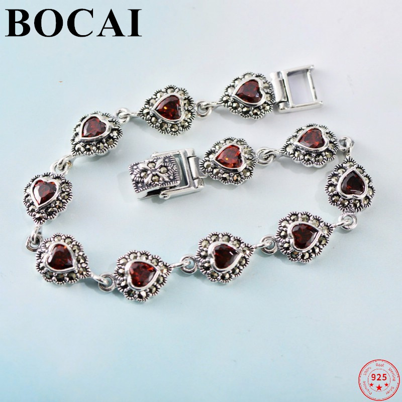 BOCAI 100% S925 стерлингового серебра браслет с инкрустацией гранат марказит Мода Чистый Argentum «любящее сердце» с драгоценными камнями, цепочки на руку как подарок для женщин