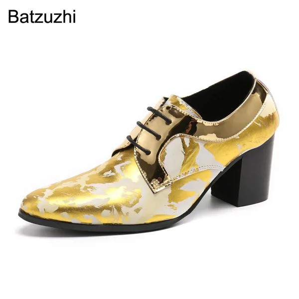 Batzuzhi Западная мода 7,5 см высокий каблук Мужская обувь с острым носком золотые кожаные ботильоны мужская обувь на шнуровке вечерние ринки/св...