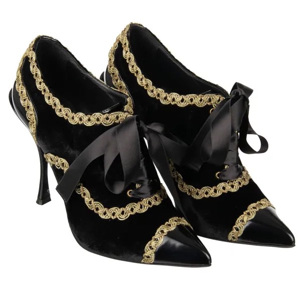 Dolce - Gabbana Бархатные туфли-лодочки Лори с вышивкой Черное золото 39 США 9 09350