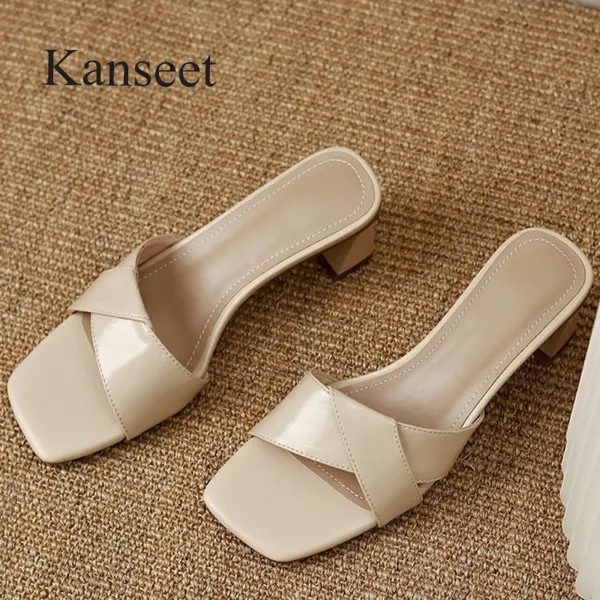 Новинка, женские летние тапочки Kanseet из натуральной кожи, коричневые, персиковые, лаконичные дизайнерские тапочки на толстом каблуке ручной...