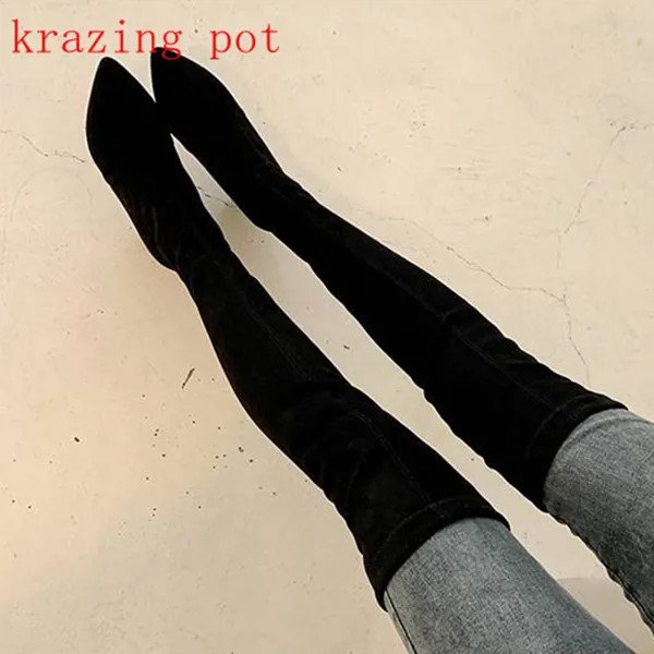 Бархатные сапоги krazing pot из флока, без застежек, с острым носком, на высоком квадратном каблуке, европейский стиль, теплые, эластичные сапоги ...