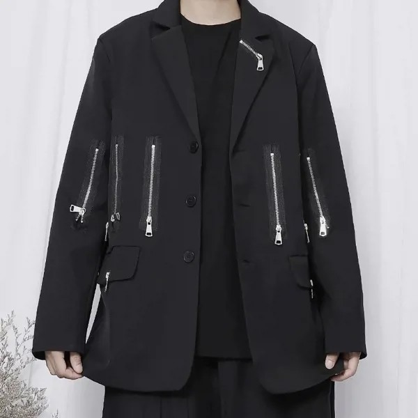 Новый большой мужской японский Темный нишевый пиджак на молнии модный дизайн темпераментный свободный пиджак