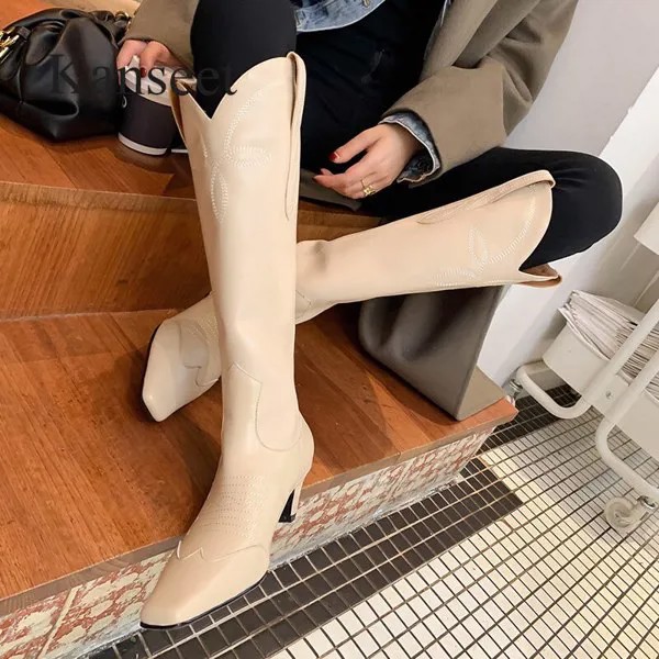 Сапоги женские до колена Kanseet, на среднем каблуке, с квадратным носком, ручная работа, облегающие, абрикосового цвета, размер 40, зима 2021