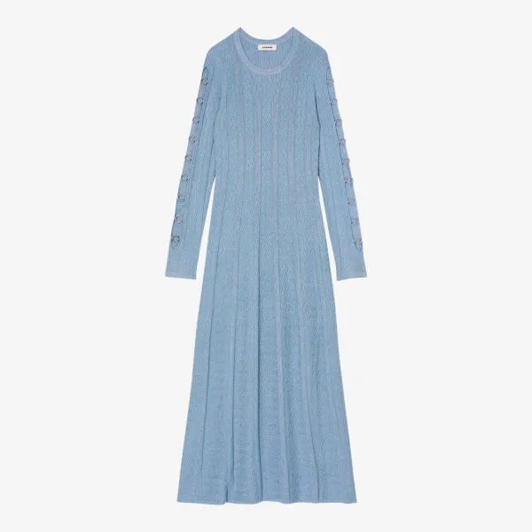 Платье миди эластичной вязки с длинными рукавами и люверсами Sandro, цвет bleus