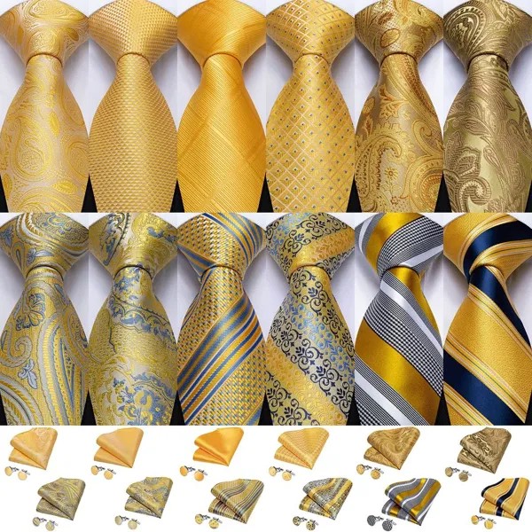 Роскошный золотой желтый мужской галстук набор полосатые галстуки Paisley Silk Hanky запонки для бизнеса
