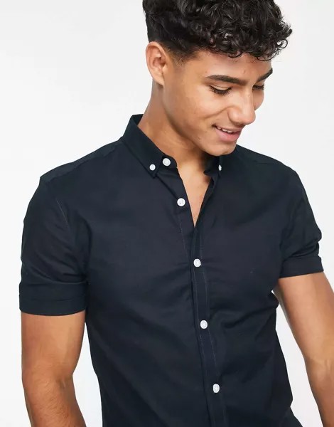 Темно-синяя оксфордская рубашка с короткими рукавами New Look
