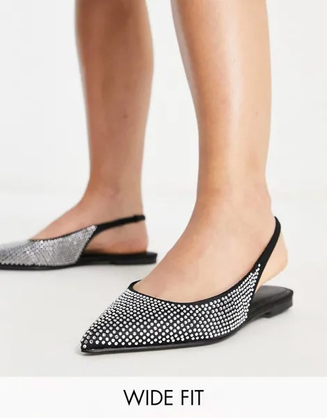 Черные/серебристые туфли с ремешком на пятке ASOS DESIGN Wide Fit Lala с заостренным ремешком на пятке