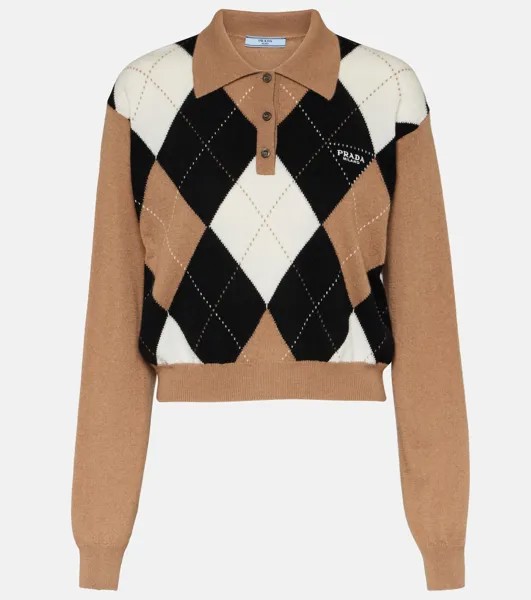 Кашемировый свитер-поло с узором Argyle Prada, коричневый