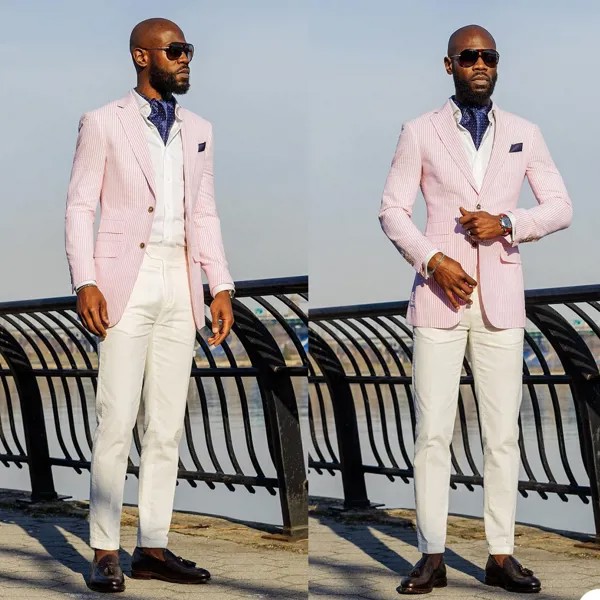 Розовый в полоску для мужчин смокинги Slim Fit цельнокроеное платье Costom Сделано с отворотом, блейзер с карманами умные повседневная Свадебная вечеринка повседневная куртка