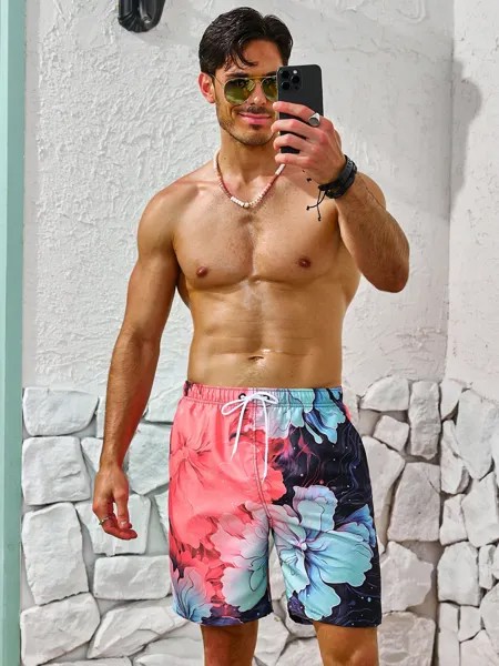 Мужские пляжные шорты с цветочным принтом и завязками на талии, многоцветный