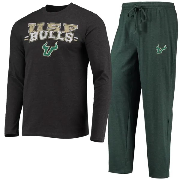 Мужская футболка Concepts Sport Green/Heared Charcoal South Florida Bulls Meter с длинными рукавами и брюки для сна