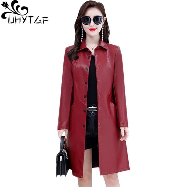 Кожаная куртка UHYTGF 5XL большого размера, женское корейское тонкое длинное пальто, однобортная Повседневная Осенняя кожаная куртка leren jas dames 928