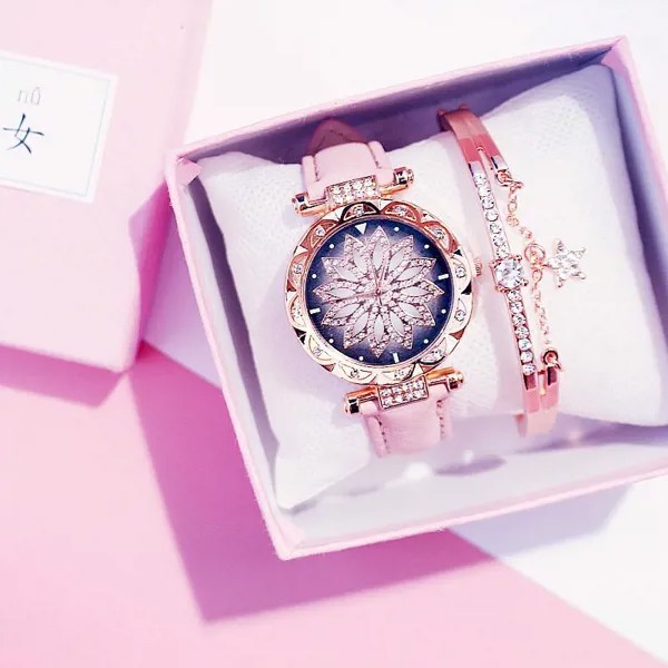 Подарочный набор: кварцевые наручные часы и браслет, инкрустированные кристаллами