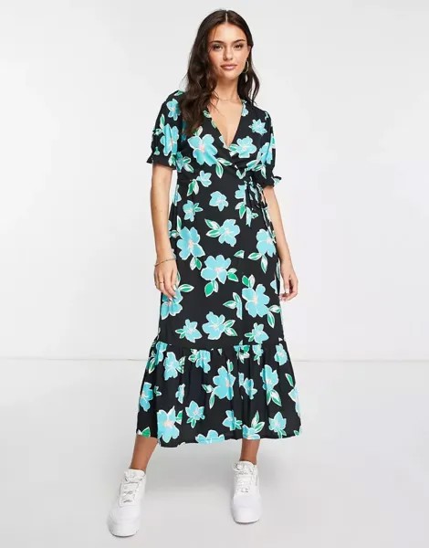 Синее платье миди с цветочным принтом, запахом спереди и открытой спиной New Look