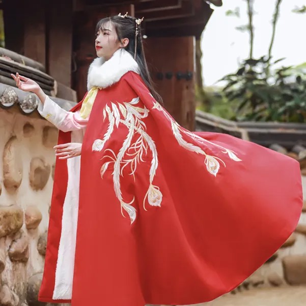 Женская накидка с вышивкой Hanfu, накидка ханьфу из древнего китайского фарфора, костюм для косплея, зимняя бархатная красная и желтая накидка...