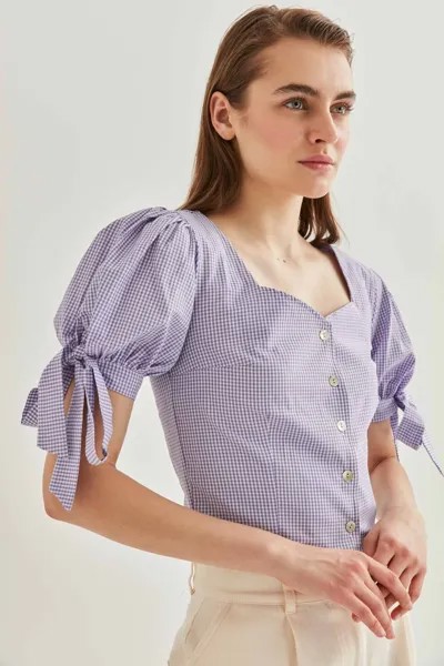 Женская блузка в мелкую клетку с кружевными деталями и сиреневыми рукавами Vitrin, фиолетовый