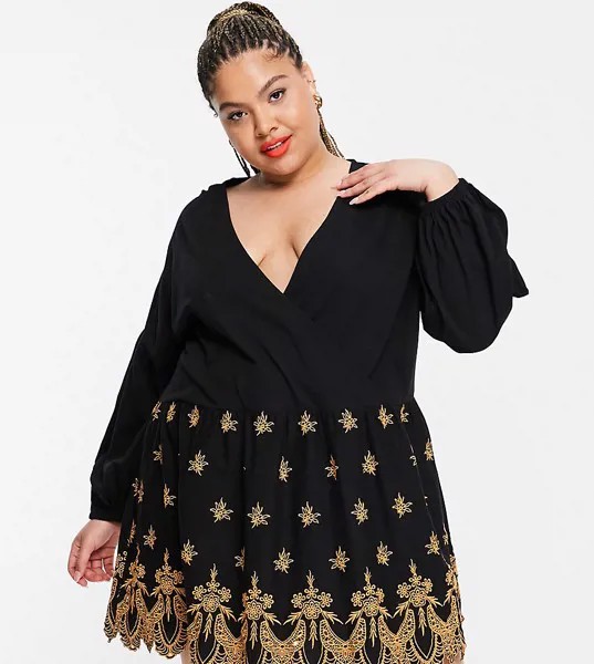 Черное платье с запахом и золотистой вышивкой ASOS DESIGN Curve-Черный цвет