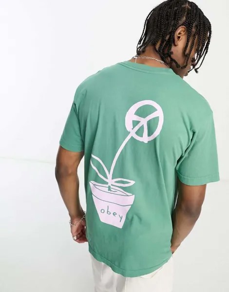 Зеленая футболка с цветочным принтом на спине Obey Peace