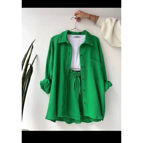 Костюм, рубашка и шорты, классический стиль, оверсайз, размер 42-44, зеленый