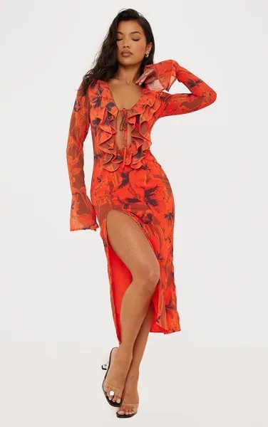 PrettyLittleThing Красное шифоновое платье-миди с цветочным принтом и оборками