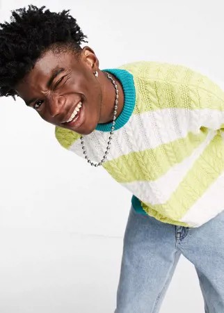 Вязаный oversized-джемпер с узором «косичка» в полоску лаймового цвета ASOS DESIGN-Зеленый цвет