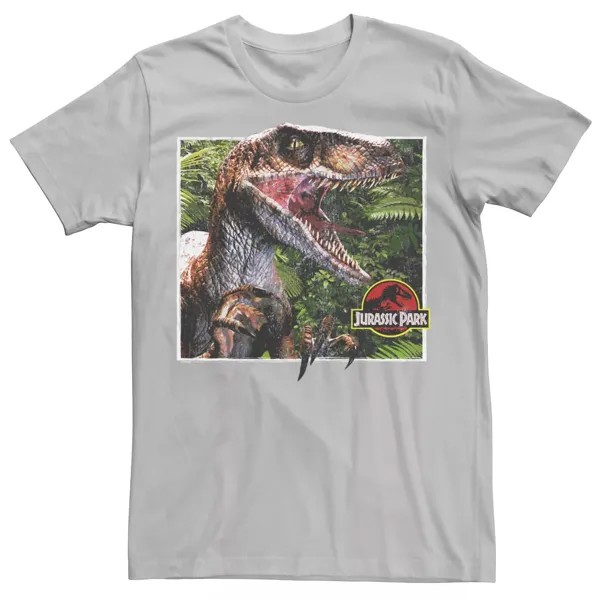 Мужская футболка с рисунком «Парк Юрского периода Raptor выходит из леса» Jurassic World, серебристый
