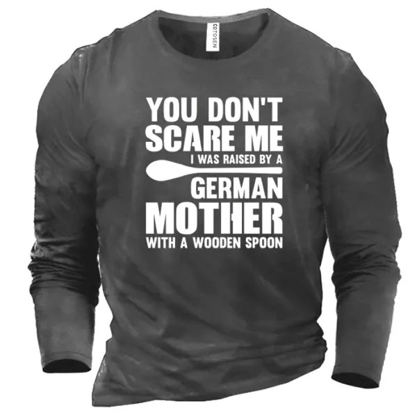 Мужская хлопковая футболка «Ты меня не пугай меня вырастила немецкая мать с деревянной ложкой»