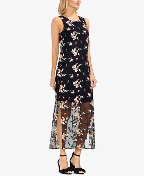 VINCE CAMTUO Черное прозрачное сетчатое платье макси миди с тропической цветочной вышивкой XXS XS