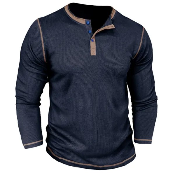 Мужская футболка с цветными блоками Henley Collar Waffle T-Shirt Повседневная дышащая модная уличная футболка больших размеров с длинным рукавом