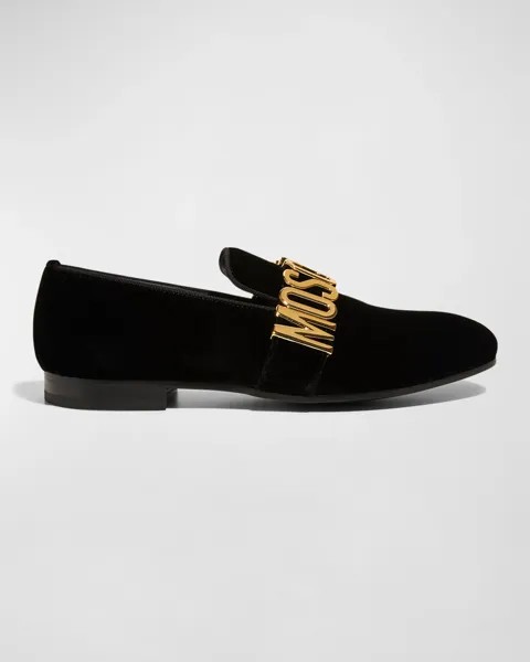 Мужские бархатные лоферы с металлическим логотипом Moschino, цвет Black