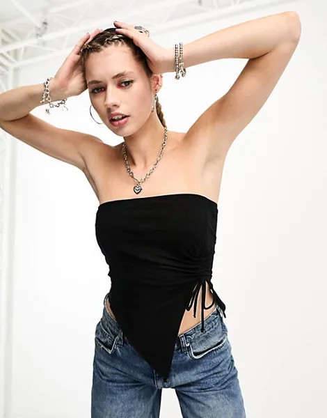 Черный топ со сборками спереди Stradivarius STR