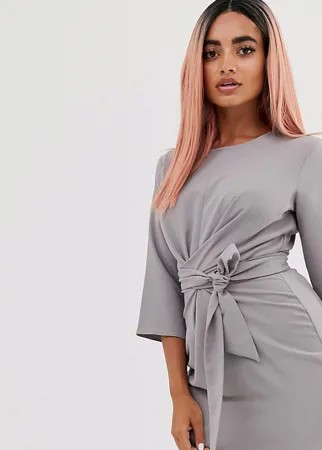 Платье мини с запахом и длинным поясом ASOS DESIGN Petite-Neutral