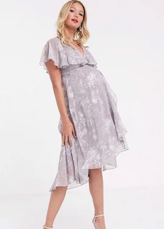 Серое платье миди с кейпом, асимметричным подолом и цветочным принтом ASOS DESIGN Maternity-Мульти