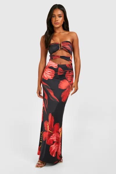 Платье макси Bandeau с золотой отделкой и вырезами с принтом boohoo, черный
