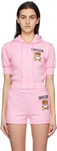 Розовый - Укороченный худи на молнии с плюшевым мишкой наизнанку Moschino