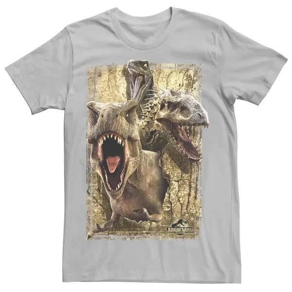 Мужская футболка с коллажем «Мир Юрского периода-убийцы» и динозавром Jurassic World, серебристый
