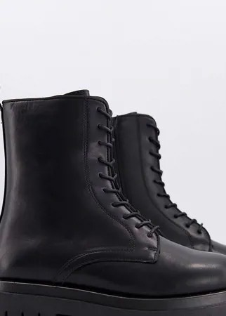 Черные ботинки в стиле милитари со шнуровкой и на массивной подошве для широкой стопы Truffle Collection-Черный цвет