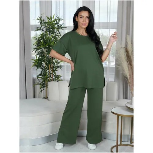 Костюм LOVETEX.STORE, футболка и брюки, повседневный стиль, свободный силуэт, стрейч, пояс на резинке, трикотажный, размер 48, зеленый