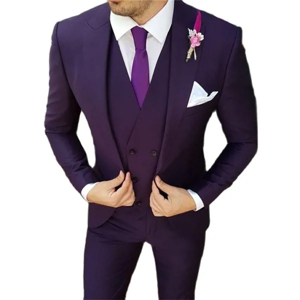 Мужской повседневный костюм из трех предметов, сиреневый облегающий смокинг для выпускного вечера, пиджак с жилетом и брюки, костюм жениха