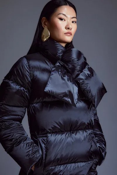 Пуховое пальто миди с шарфом из натурального пуха Karen Millen, черный