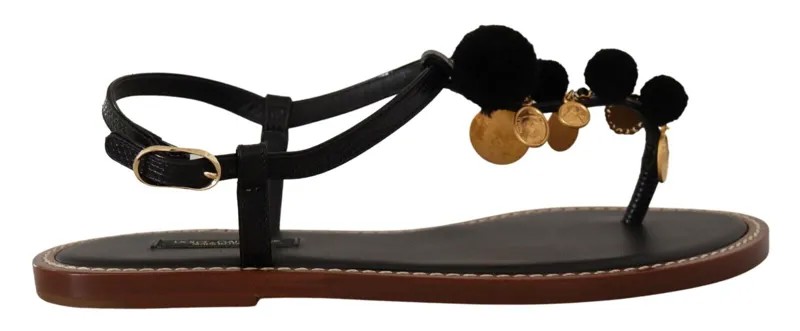 DOLCE - GABBANA Shoes Черные кожаные шлепанцы с монетами, сандалии EU36,5 / US6 1100 долларов США