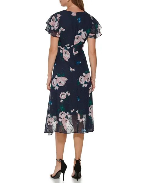 Платье DKNY Double Ruffled V-Neck Ruched Dress, цвет Pink Morganite Multi