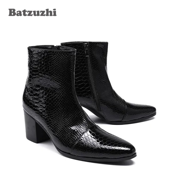 Ботинки BatzuzhiMen на высоком каблуке 7,5 см, остроносые черные кожаные ботинки, мужские красивые ботильоны для свадьбы и вечерние, размер 38-46