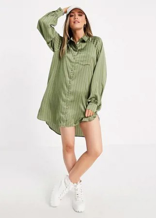 Платье-рубашка цвета хаки в стиле oversized с асимметричным краем и принтом в полоску Lola May-Зеленый