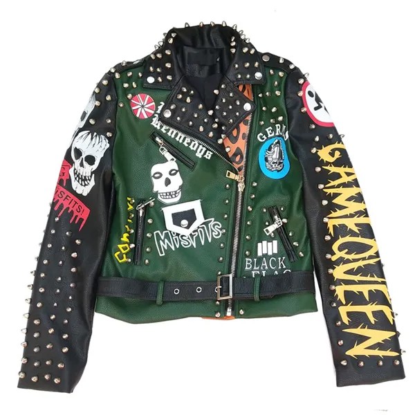 Женская байкерская куртка из ПУ кожи, демисезонная байкерская куртка в стиле панк с граффити и шипами, уличная одежда, 2023