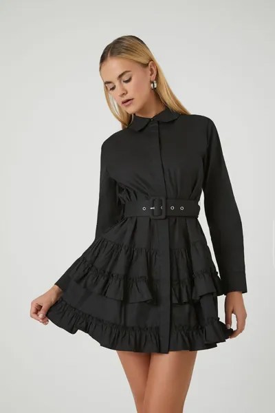 Мини-платье-рубашка с оборками Forever 21, черный