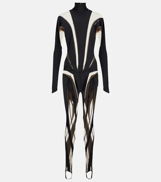Сетчатый комбинезон со вставками и высоким воротником MUGLER, черный