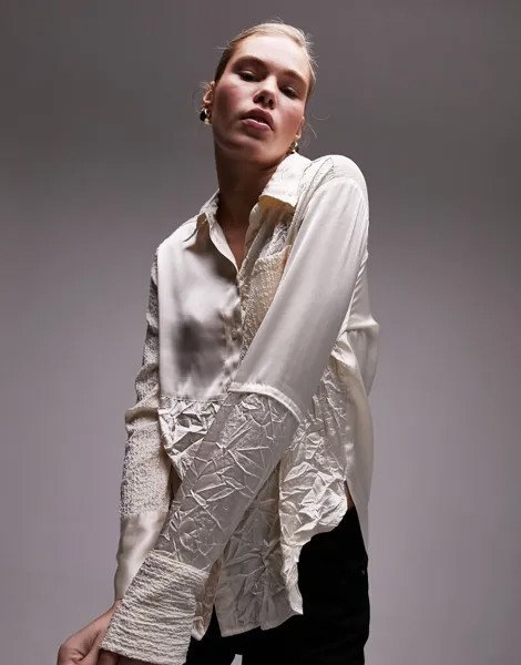 Topshop - мятая рубашка из атласа и кружева цвета слоновой кости