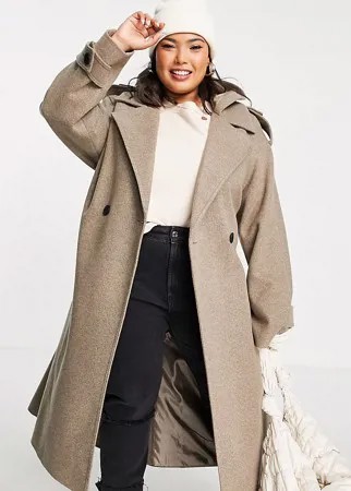 Свободное пальто серо-коричневого цвета с поясом и капюшоном ASOS DESIGN Curve-Серый